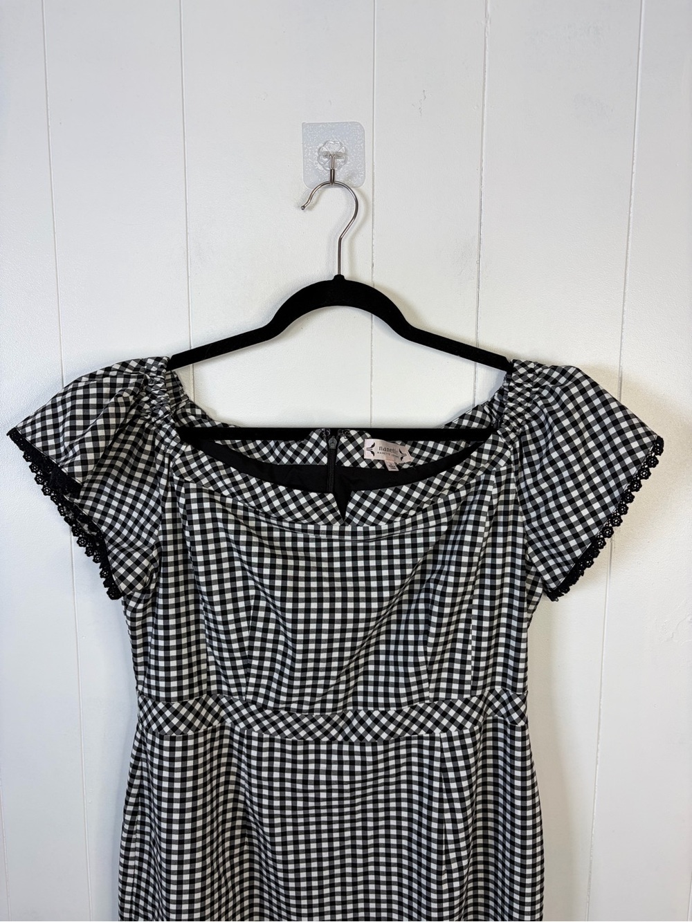 Nanette Lepore Gingham Off Shoulder Rockabilly Pin Up Wiggle Dress Retro Size 14 - Picture 6 of 12